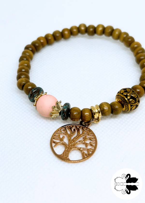 Tree of Life in Wood w/ Pink Stone Accent Bracelet