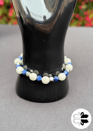 White Lava Stone, Blue & Silver Diamond Beads Bracelet
